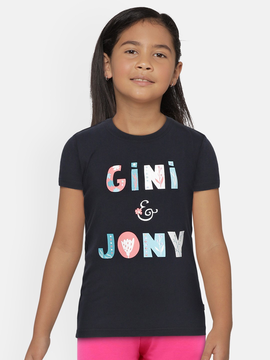 Gini and Jony Girls Girls Navy Blue & White Brand Logo Print Round Neck T-shirt