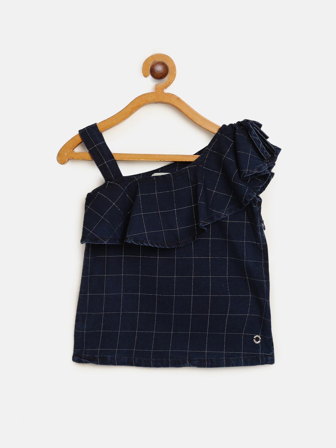 

Gini and Jony Girls Navy Blue & Silver One-Shoulder Layered Checked Top