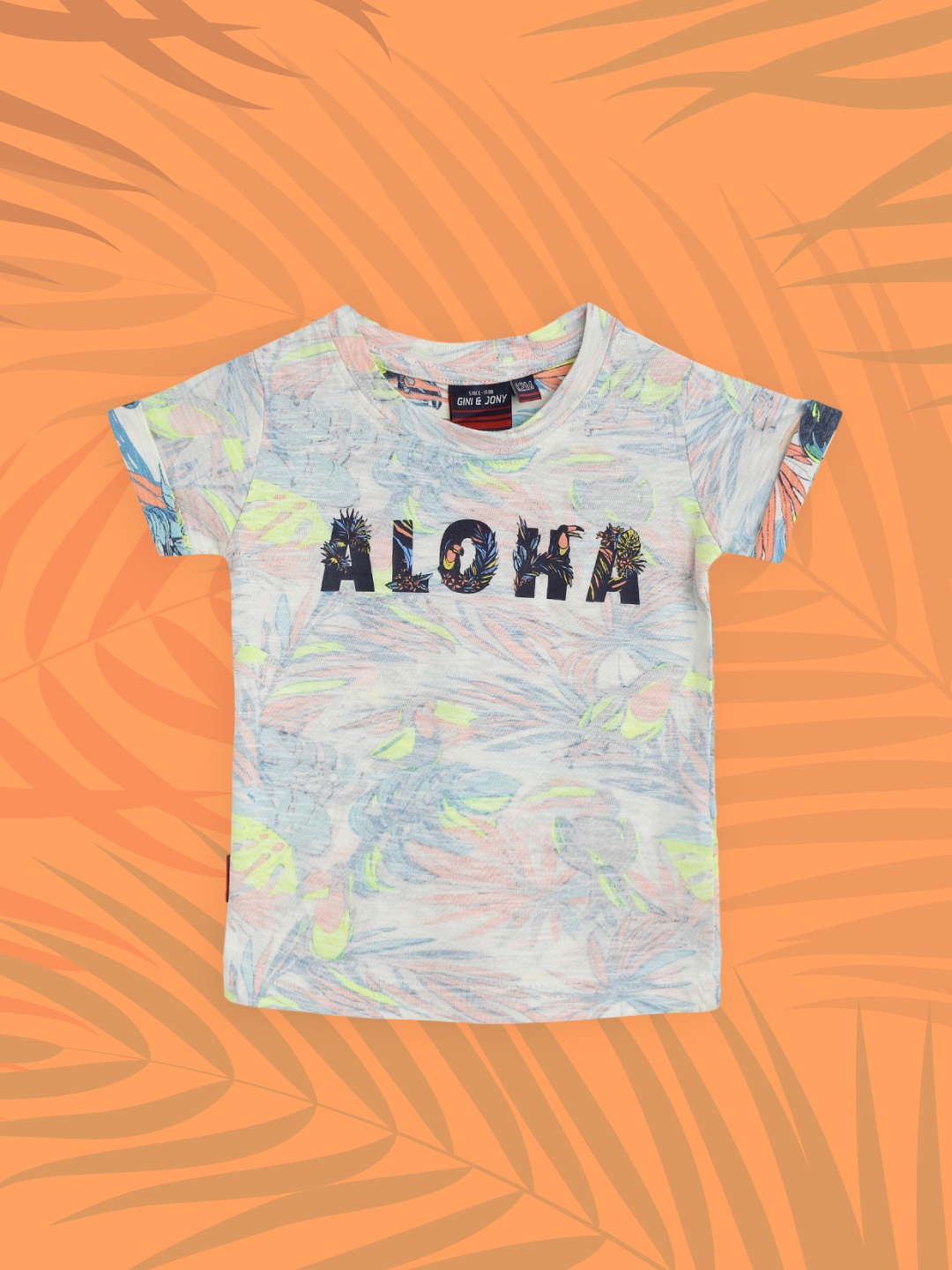 

Gini and Jony Boys Off White & Navy Blue Pure Cotton Tropical Print T-shirt