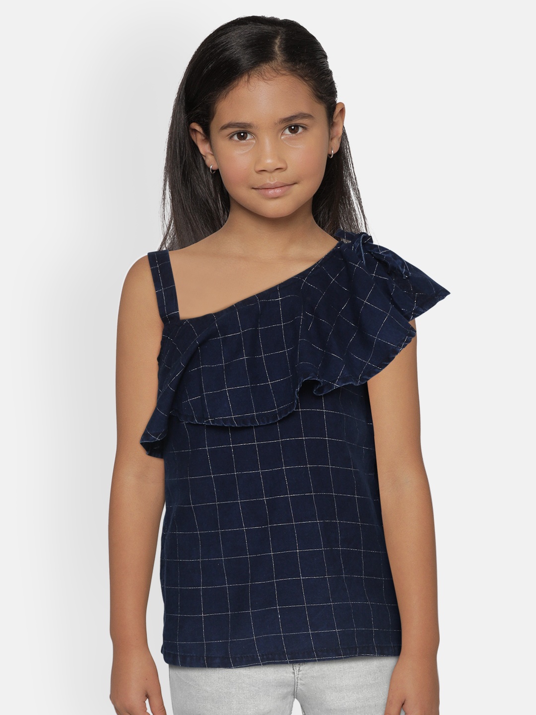 

Gini and Jony Girls Navy Blue & Silver Checked One Shoulder Top