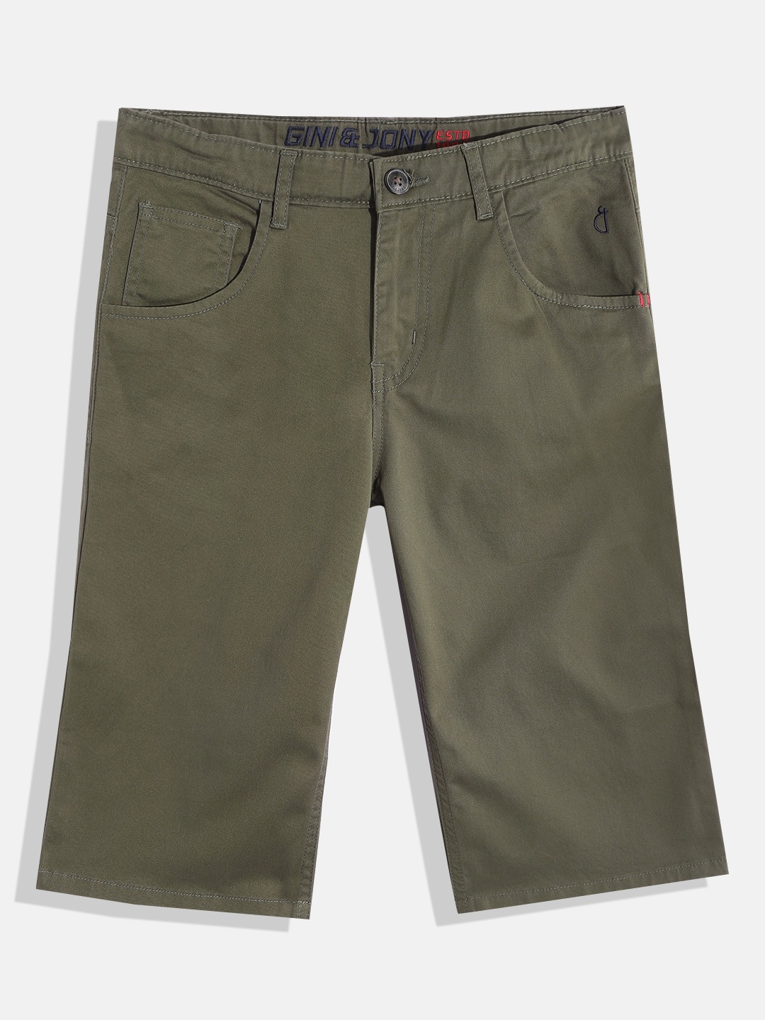 

Gini and Jony Boys Olive Green Solid Mid-Rise Shorts