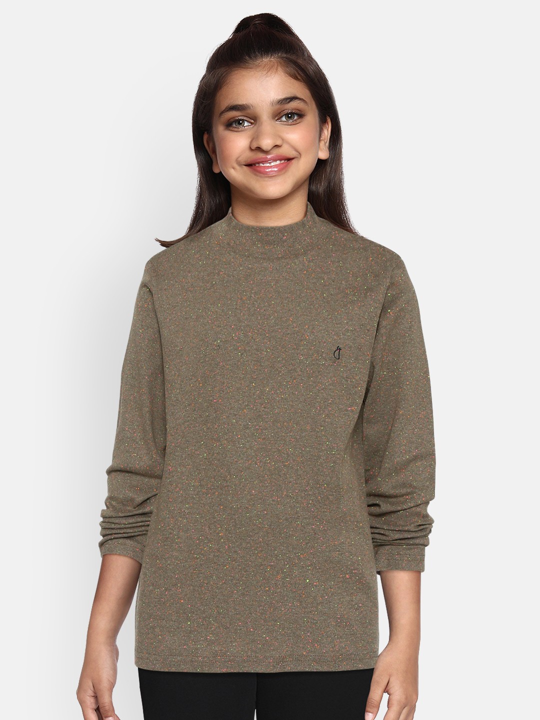 

Gini and Jony Girls Olive Brown Speckled Effect Solid Pure Cotton Top