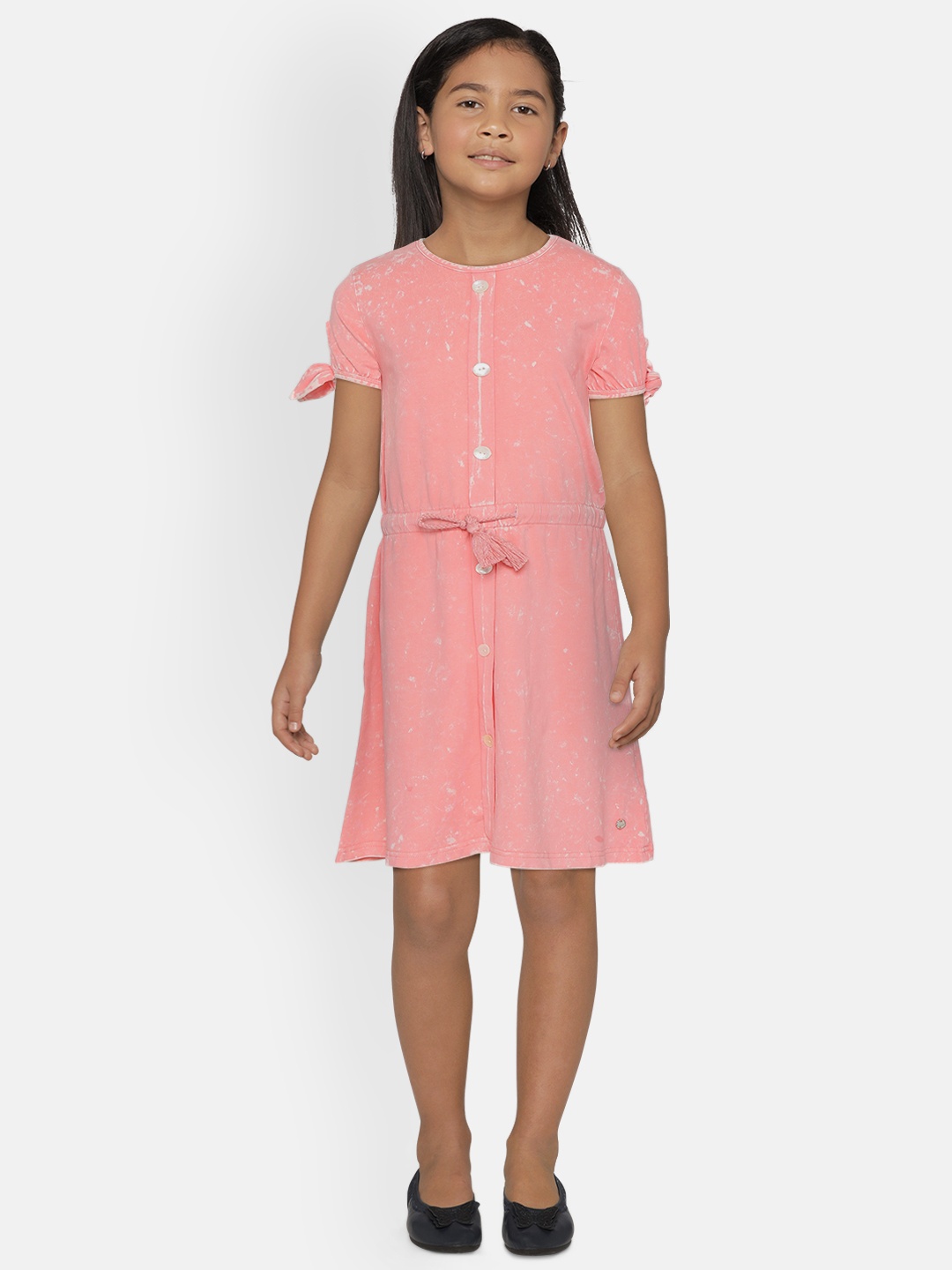 

Gini and Jony Girls Peach-Coloured Solid A-Line Dress with Tie-Ups
