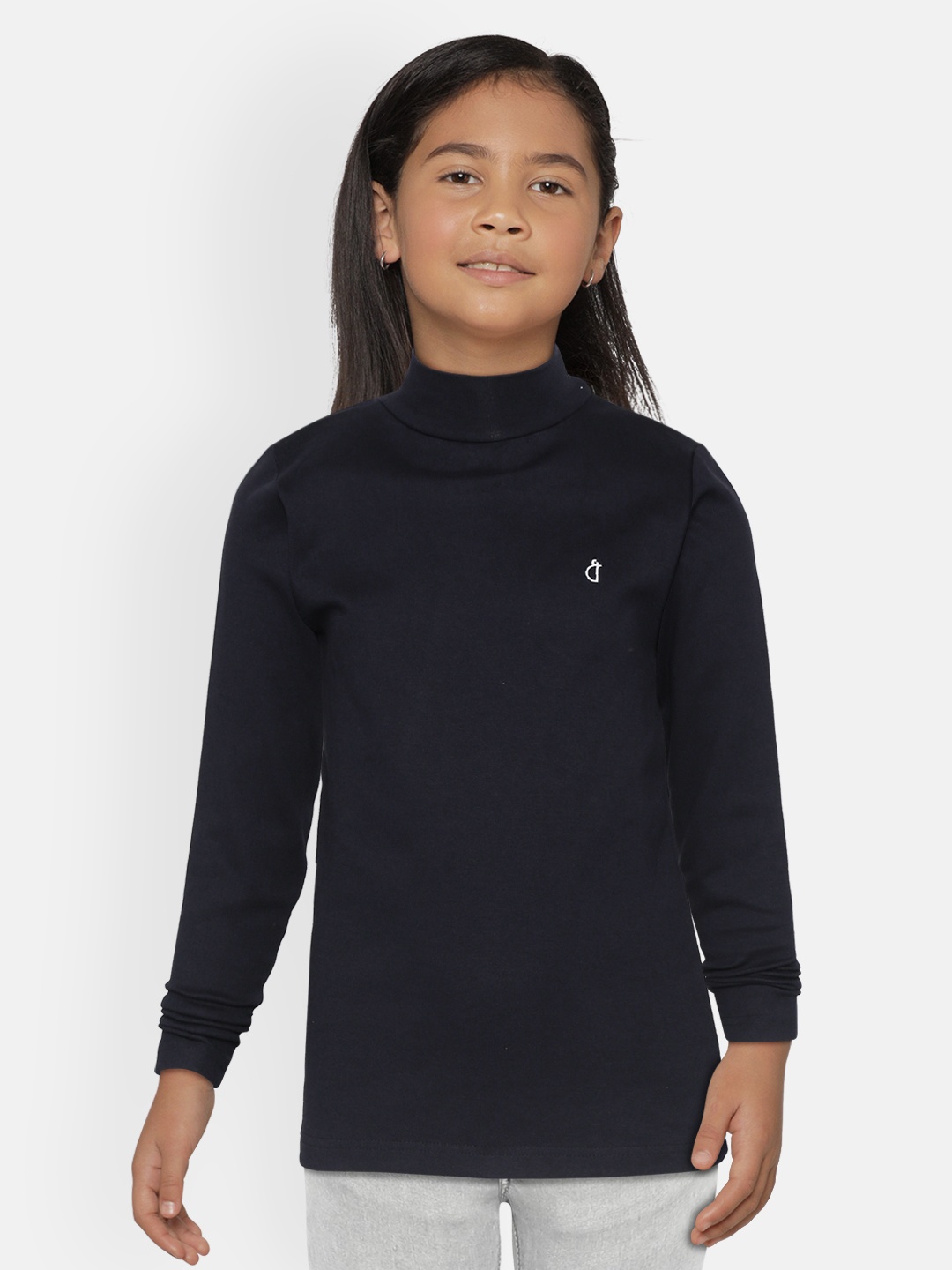 

Gini and Jony Girls Navy Blue Solid High Neck Pure Cotton T-shirt