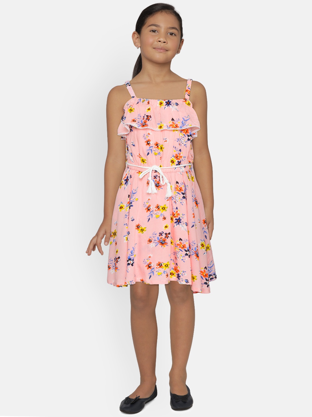 

Gini and Jony Girls Pink & Blue Floral Print Fit and Flare Dress with Belt