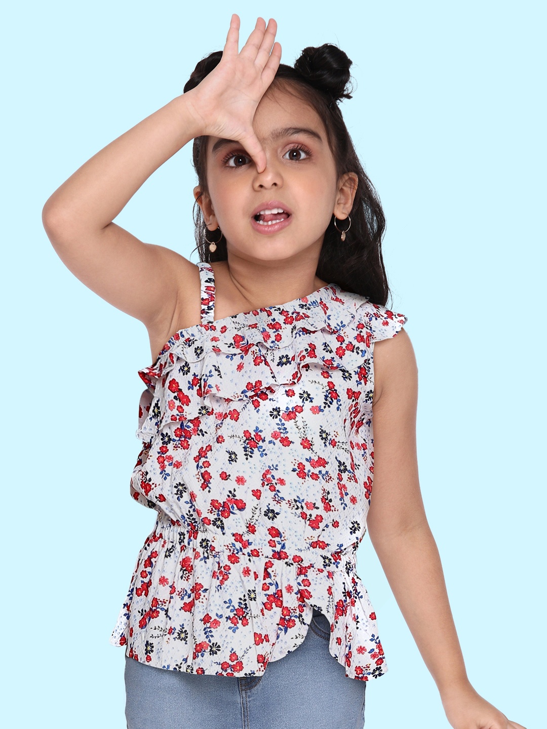 

Gini and Jony Girls White & Red One-Shoulder Layered Floral Printed Top