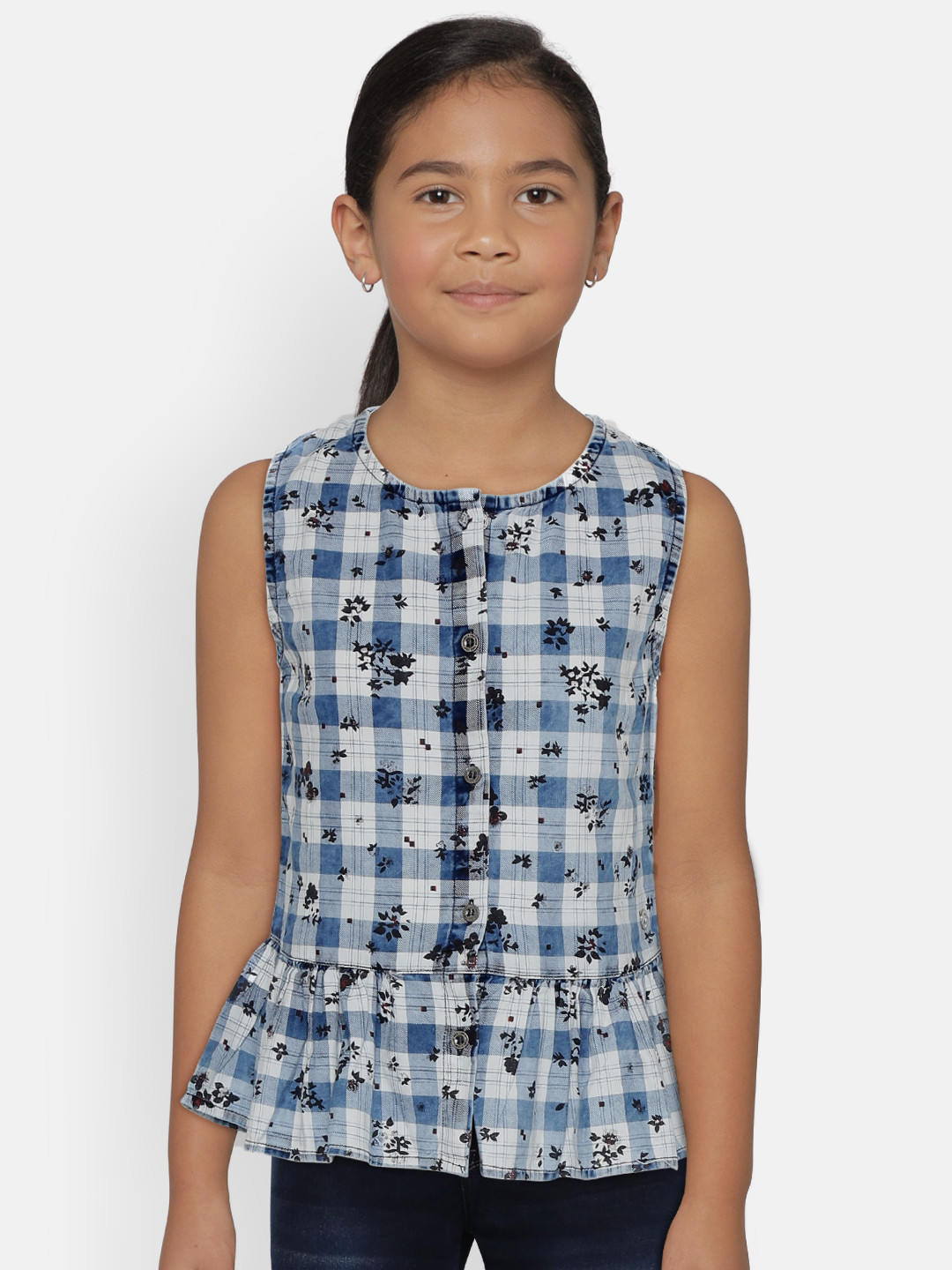 

Gini and Jony Girls Blue & White Checked Pure Cotton Top with Floral Print Detail