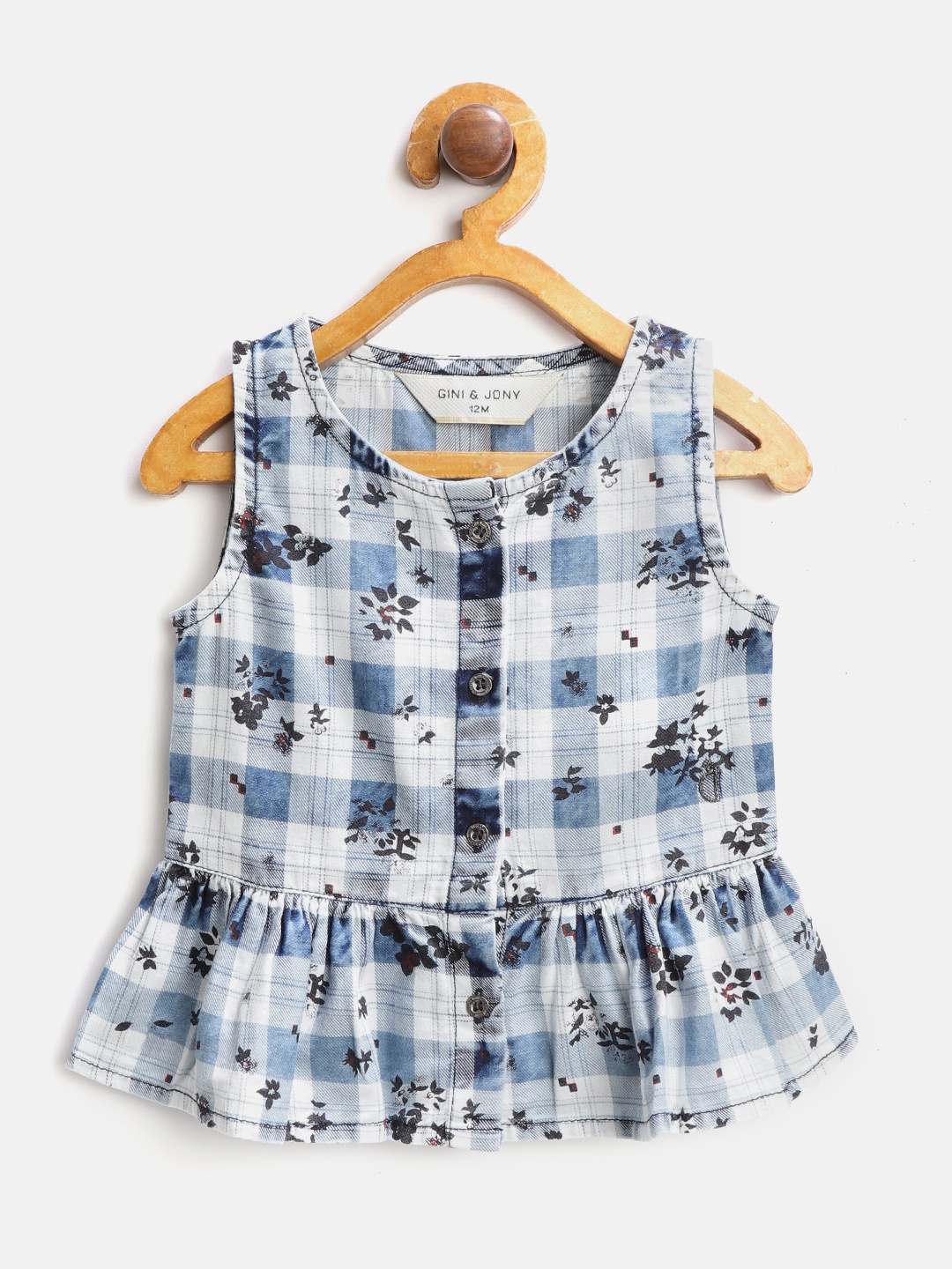 

Gini and Jony Girls Blue & White Checked Top With Floral Printed Detail