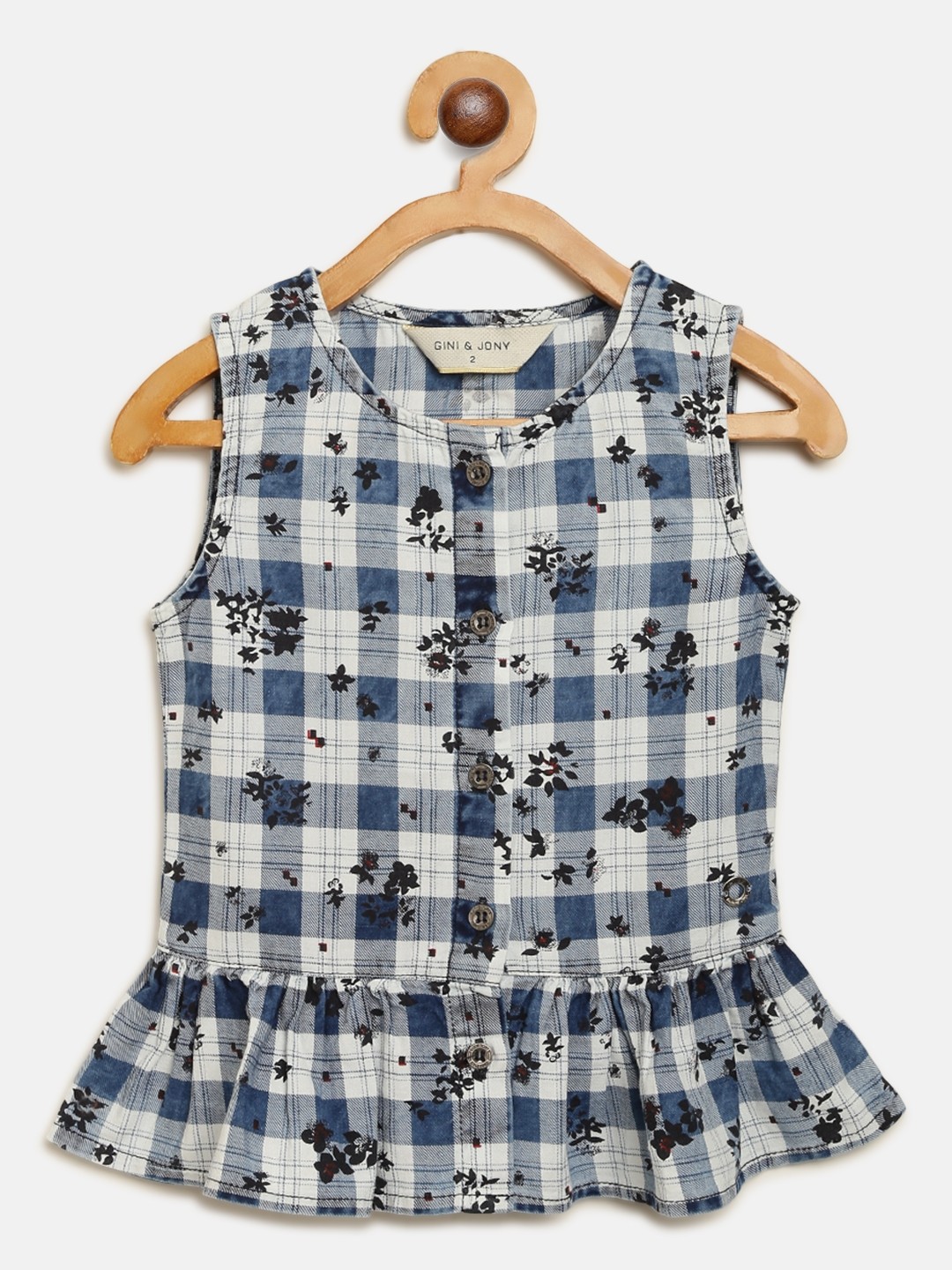 

Gini and Jony Girls Navy Blue & White Checked Pure Cotton Top with Floral Print