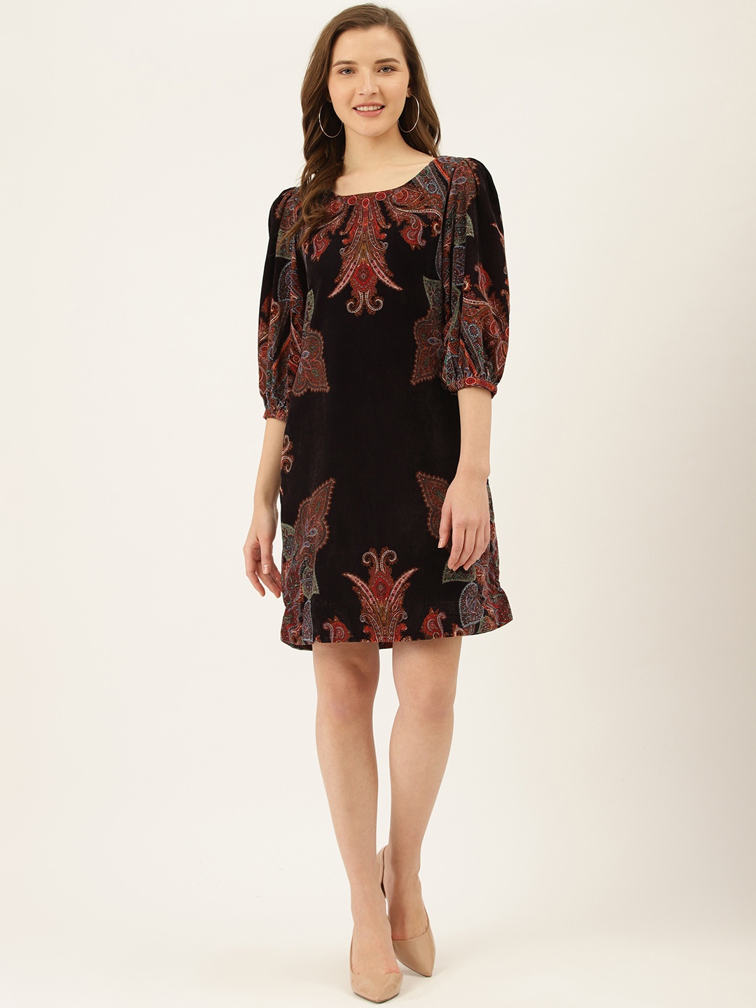 

Label Ritu Kumar Women Black and Red Printed A-Line Dress With Velvet Finish