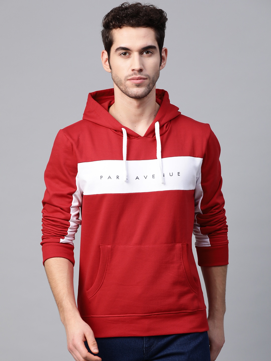

Park Avenue Men Red & White Brand Logo Print Hooded Sweatshirt with Colourblocked Detail