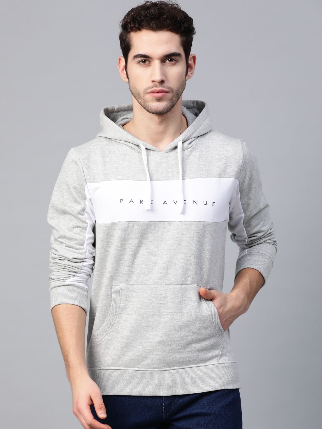 

Park Avenue Men Grey Melange & White Printed Hooded Sweatshirt