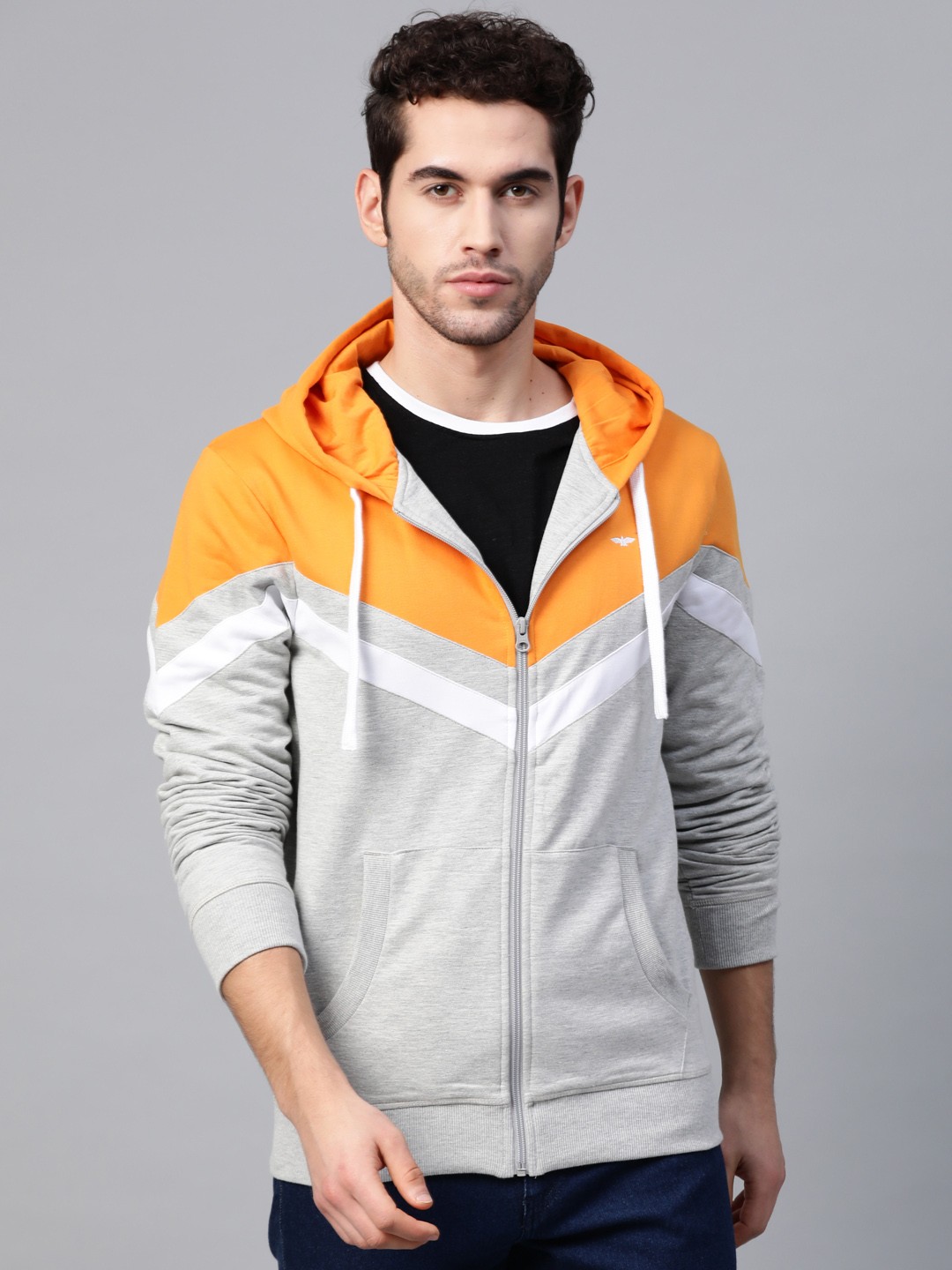 

Park Avenue Men Grey Melange & Mustard Colourblocked Hooded Sweatshirt