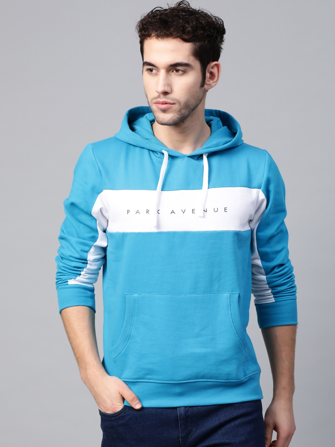 

Park Avenue Men Blue & White Printed Hooded Sweatshirt