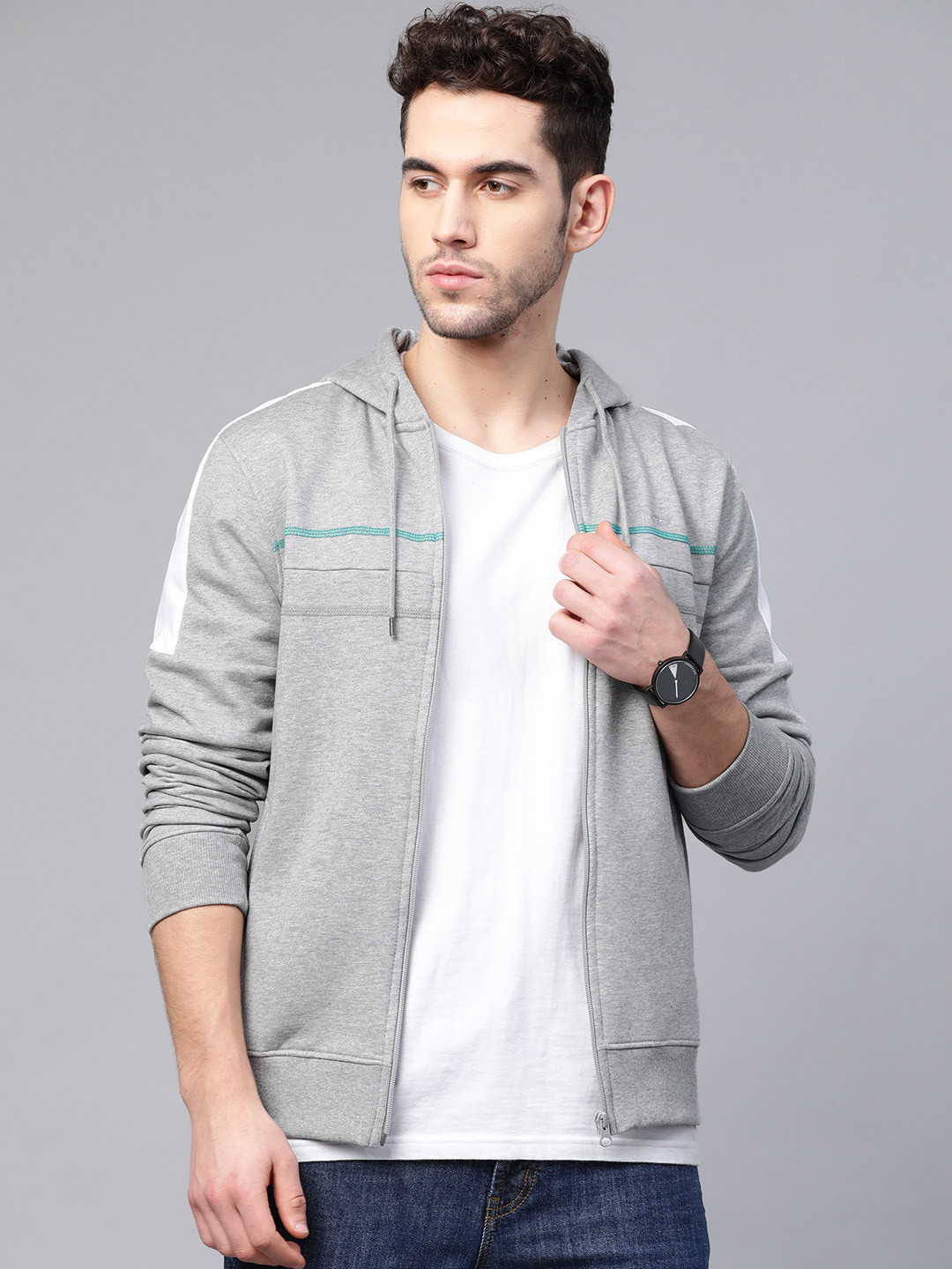 

Park Avenue Men Grey Melange Slim Fit Solid Hooded Sweatshirt