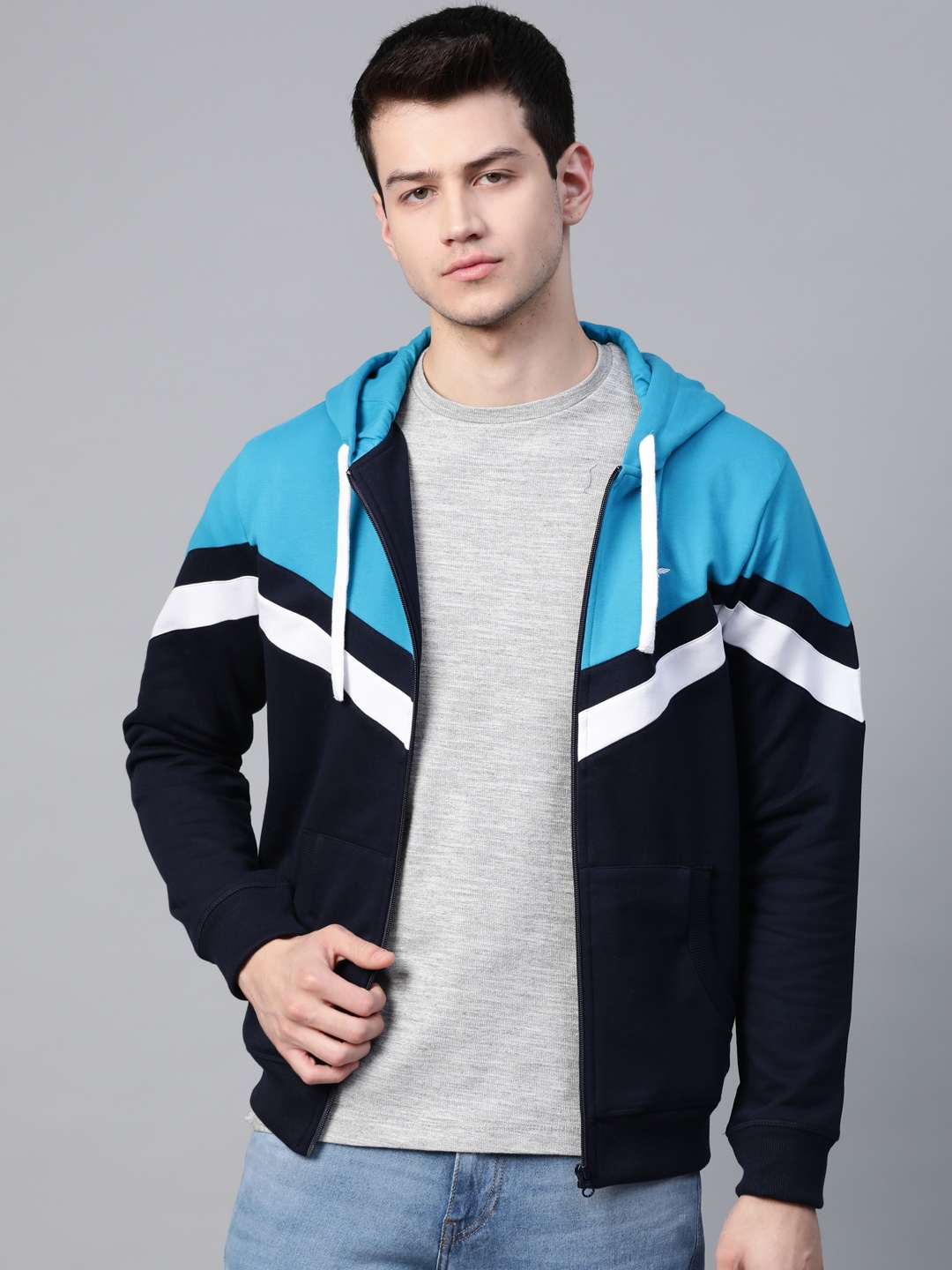 

Park Avenue Men Blue Colourblocked Hooded Sweatshirt