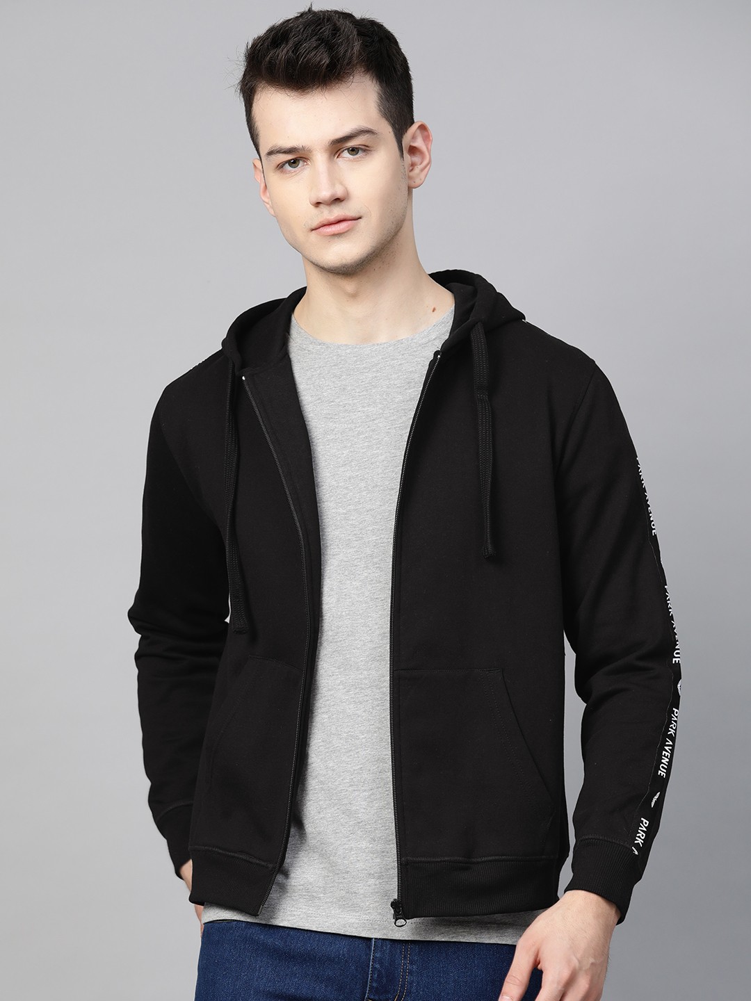 

Park Avenue Men Black Solid Hooded Sweatshirt with Side Taping