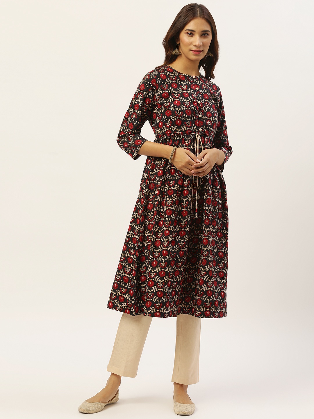 

Aayna Women Navy Blue & Beige Printed Kurta with Tapered Trousers