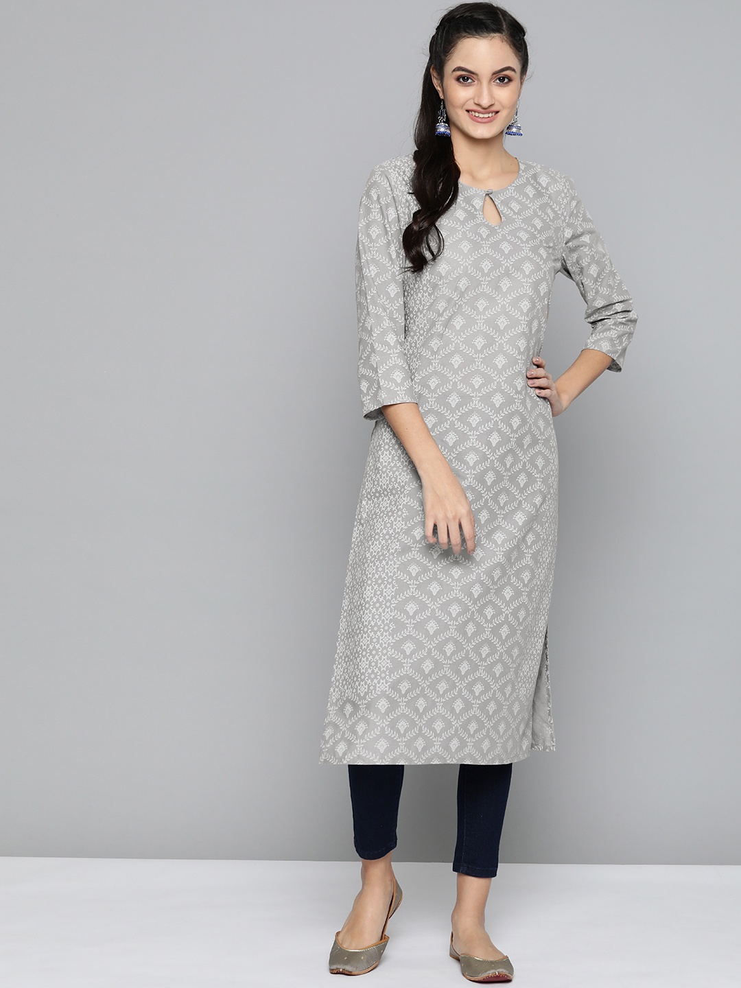 

HERE&NOW Women Grey & White Printed Cotton Straight Kurta