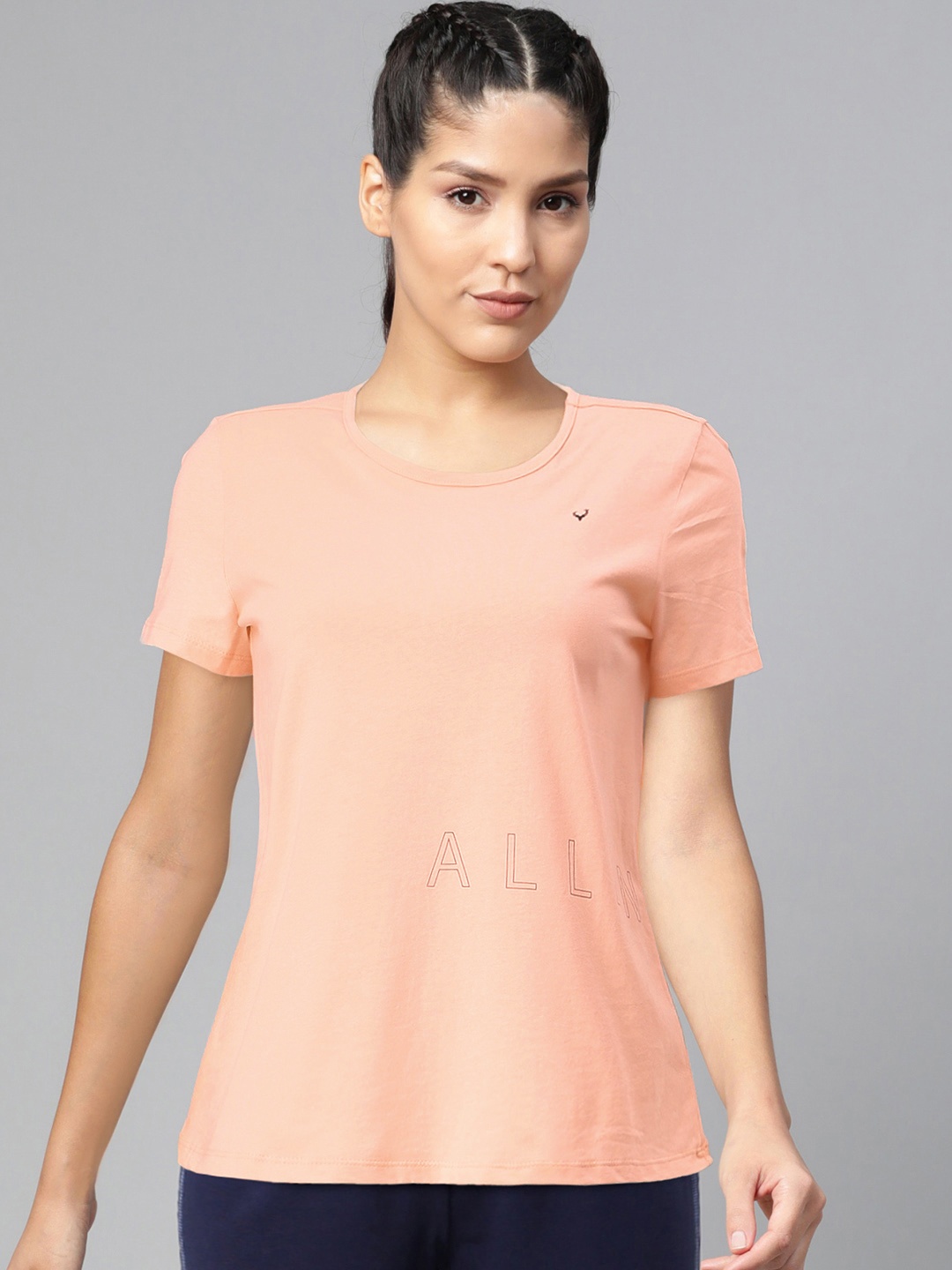 

Allen Solly Woman Women Peach-Coloured Printed Round Neck Pure Cotton T-shirt