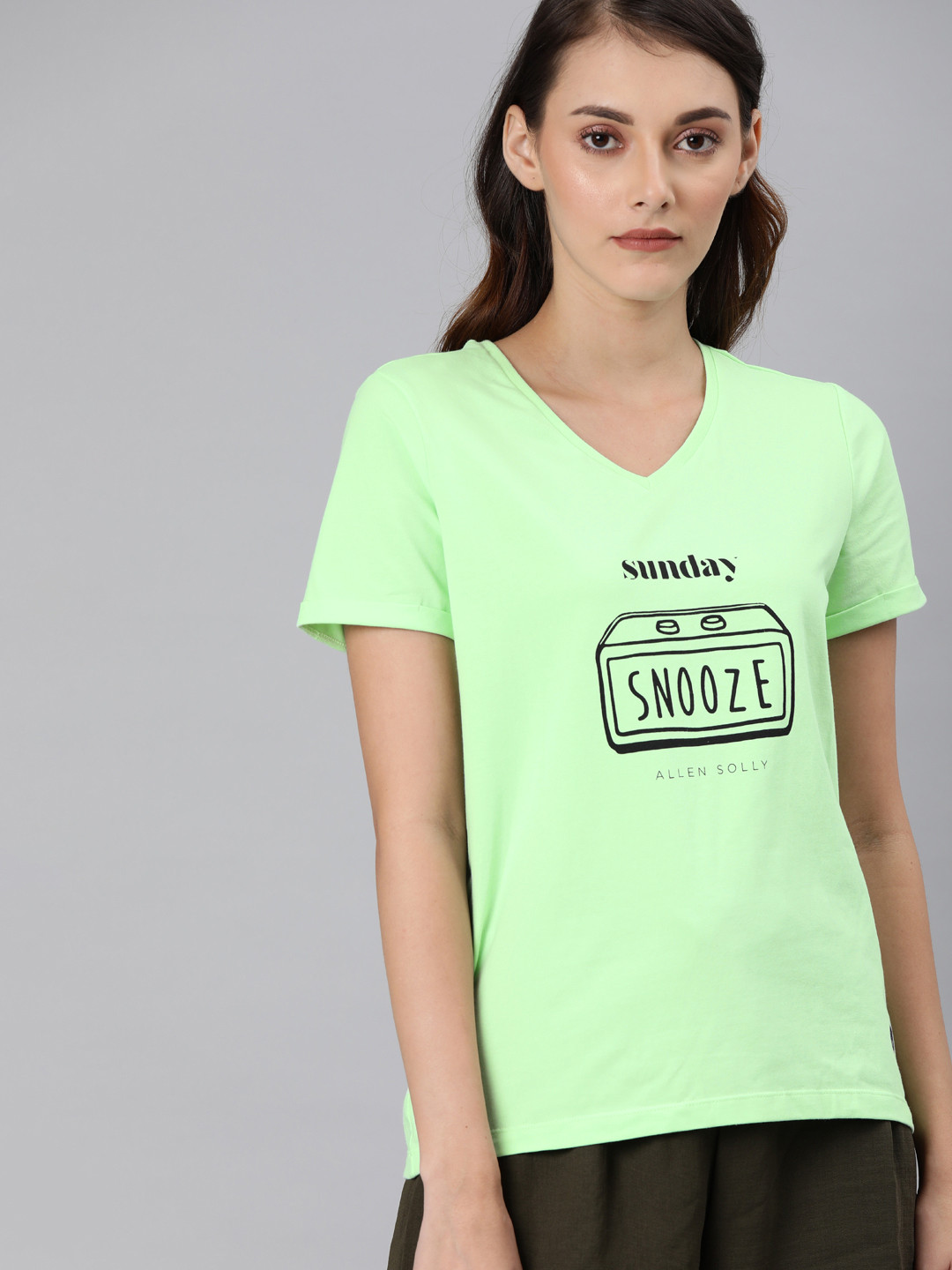 

Allen Solly Woman Women Sea Green Printed V-Neck T-shirt