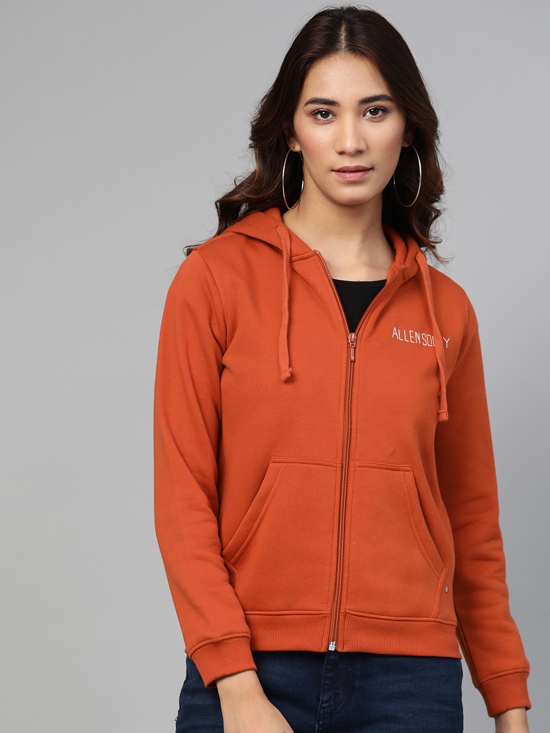 

Allen Solly Woman Rust Brown Solid Hooded Sweatshirt