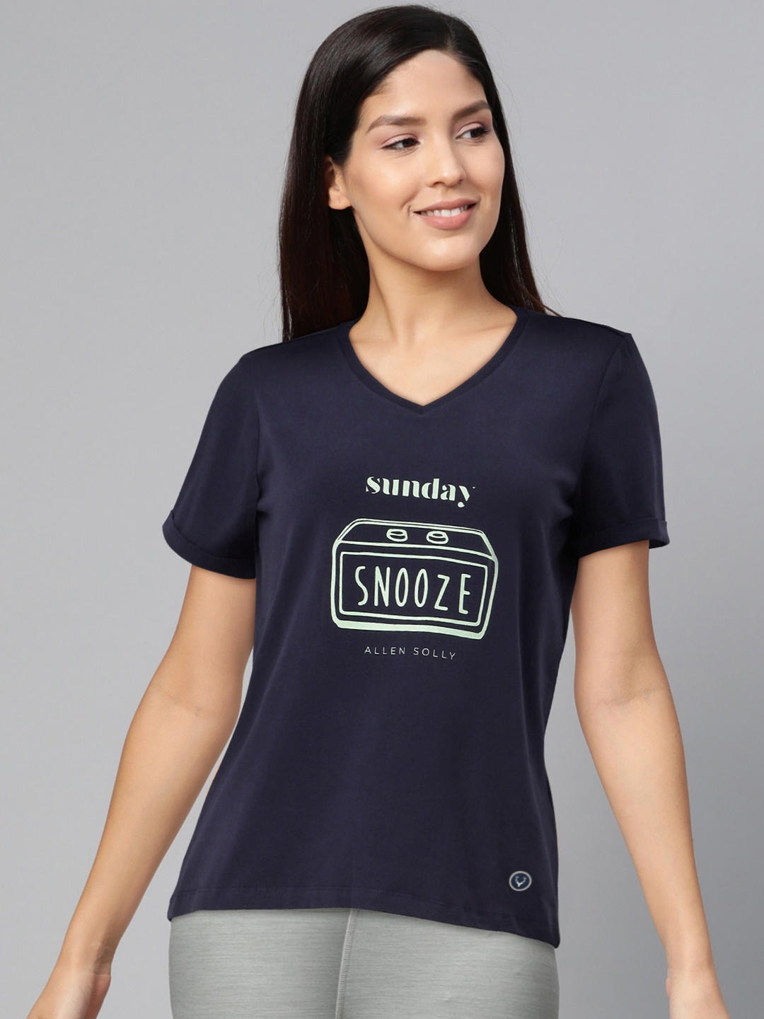 

Allen Solly Woman Women Navy Blue Printed V-Neck T-shirt