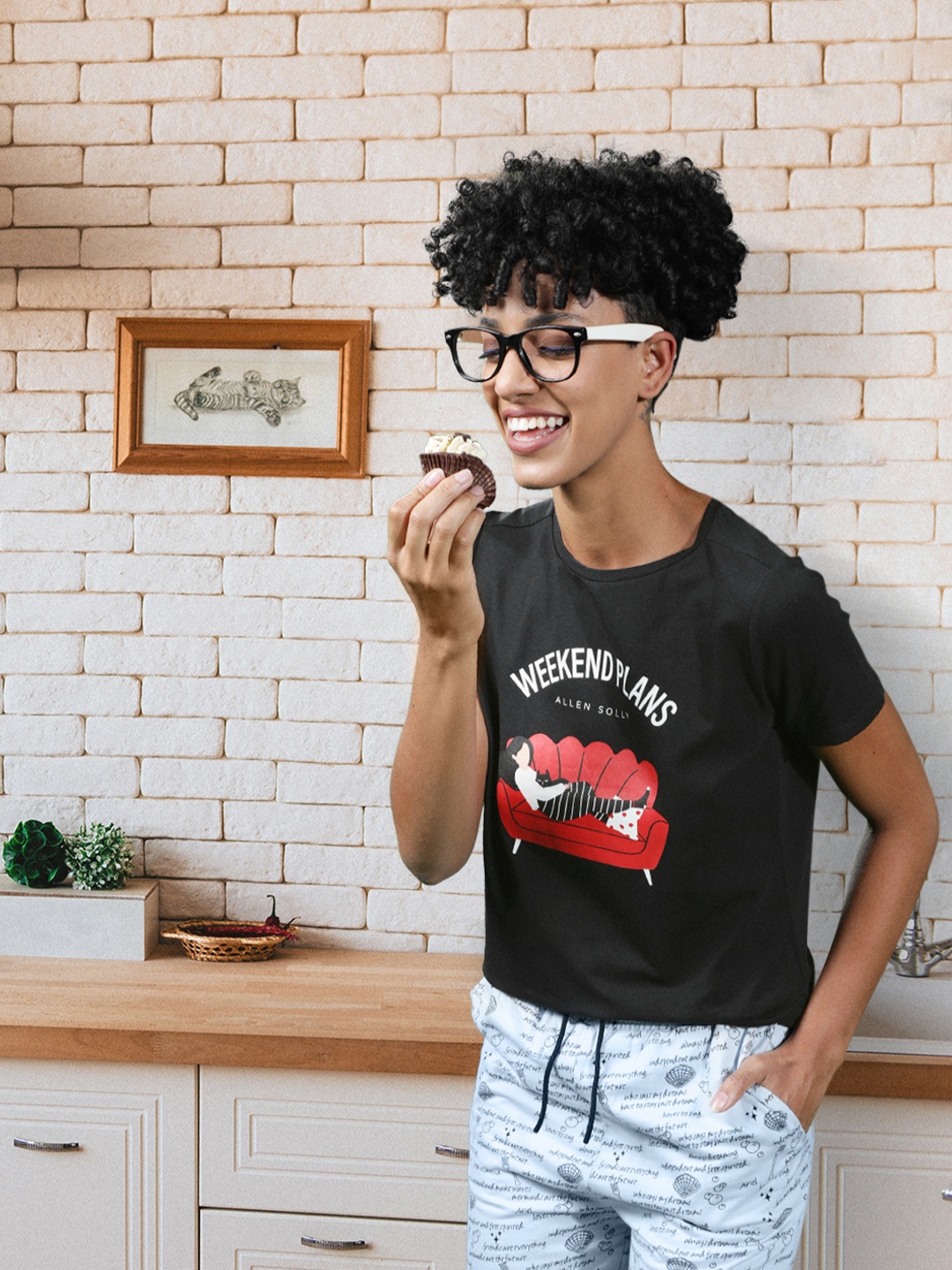

Allen Solly Woman Black Printed Round Neck Lounge T-shirt