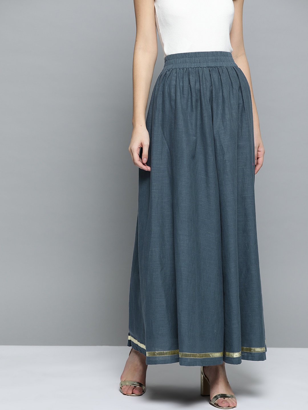 

HERE&NOW Women Navy Solid Flared Maxi Pure Cotton Skirt, Navy blue