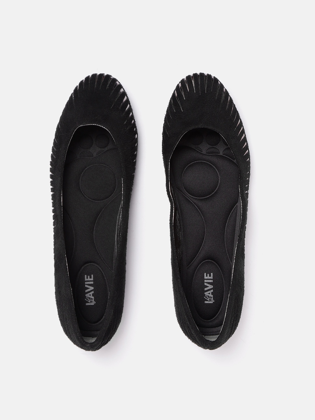 

Lavie Women Black & Gunmetal-Toned Suede Finish Laser Cut Ballerinas