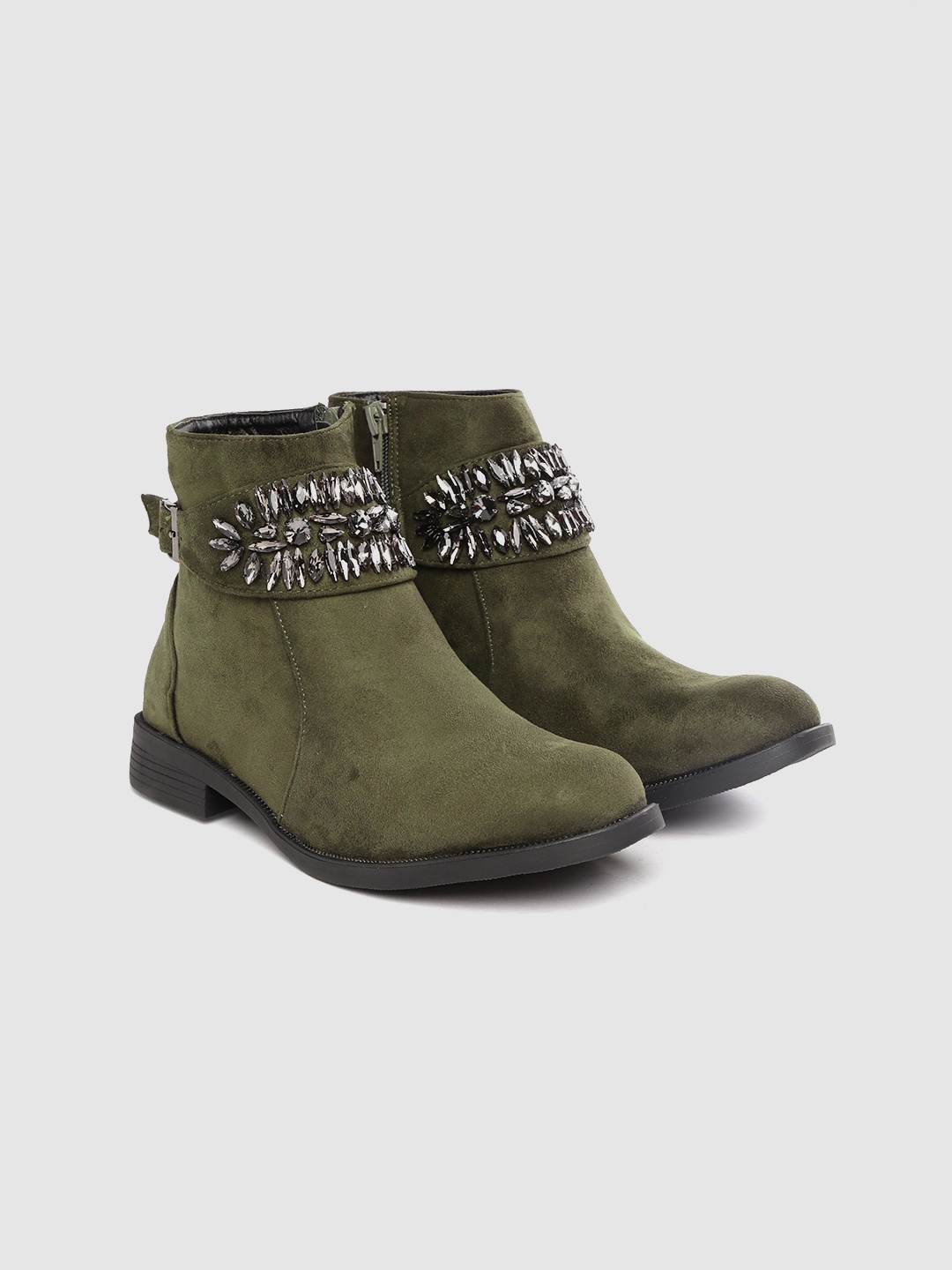 

Lavie Women Olive Green Embellished Mid-Top Flat Boots