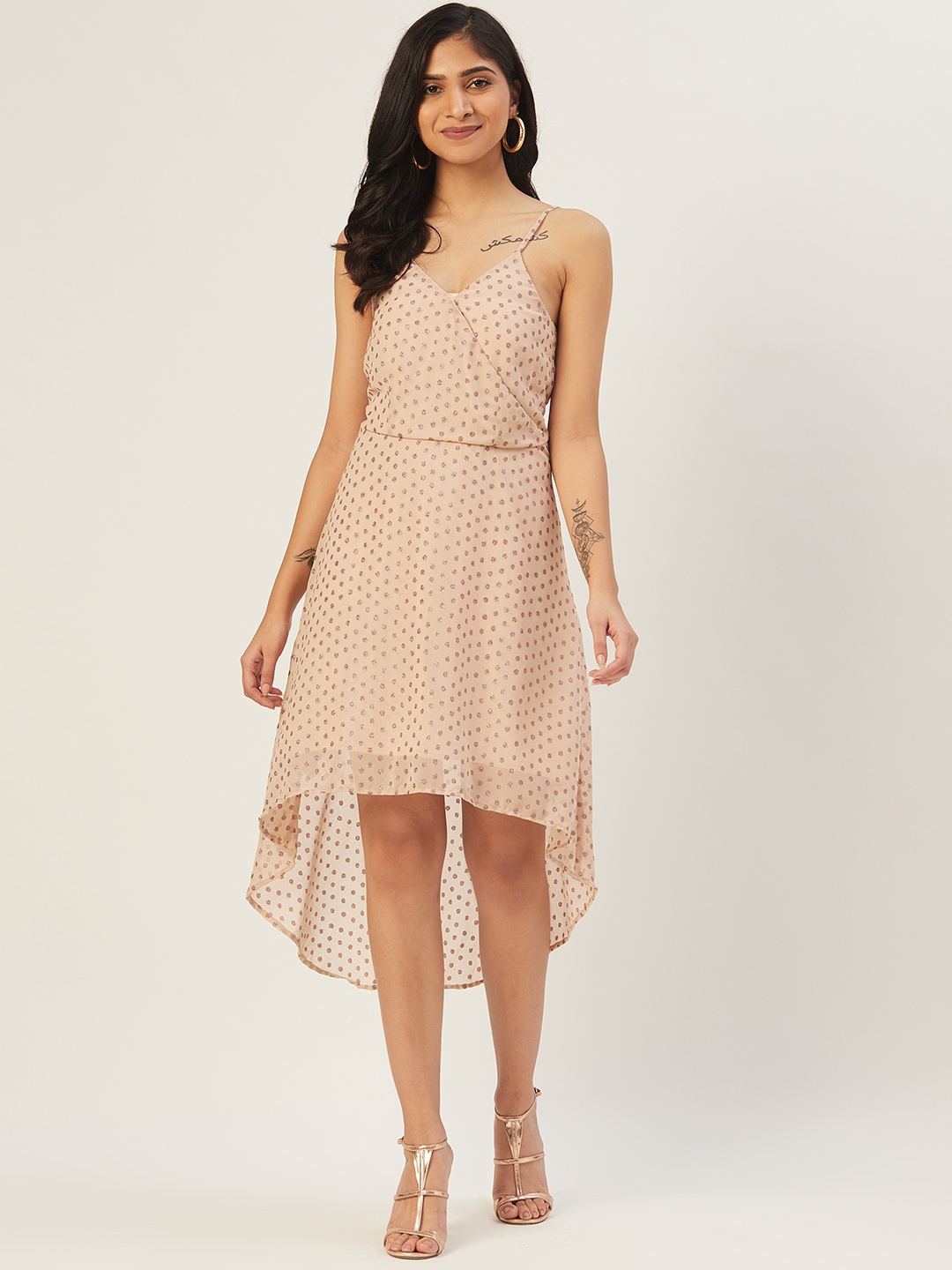 

DODO & MOA Women Beige & Pink Polka Dot Print Wrap Dress