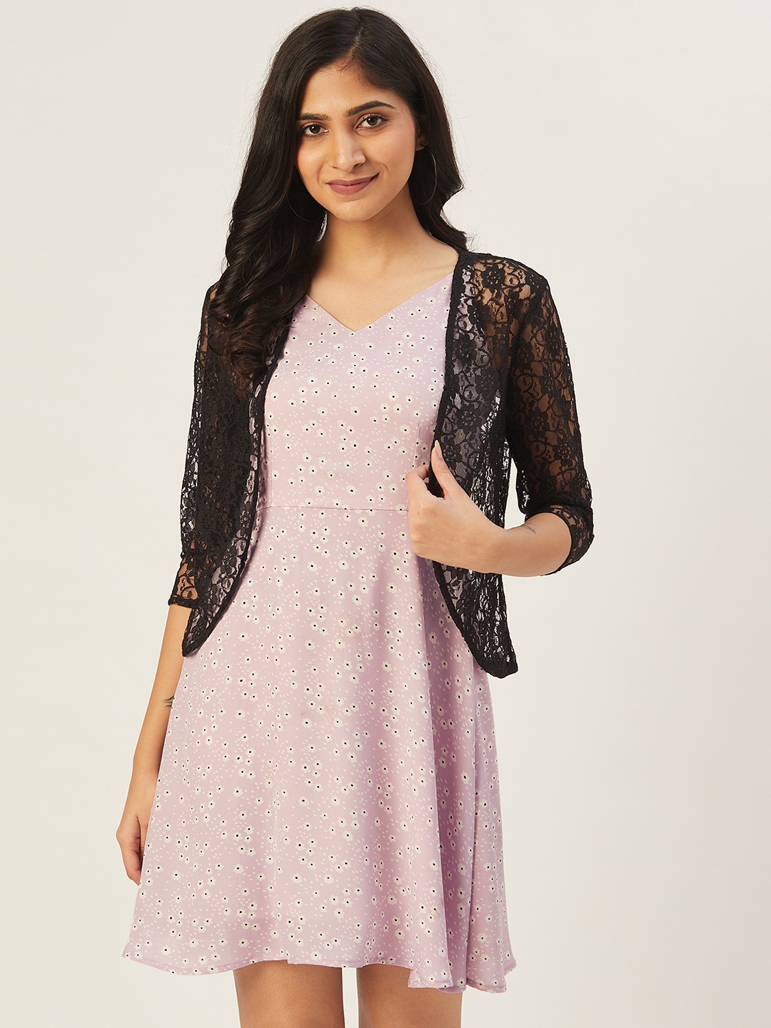 

DODO & MOA Women Lavender & White Floral Print A-Line Dress with Shrug