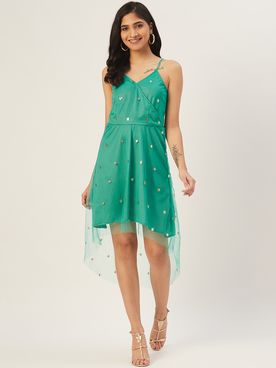 

DODO & MOA Women Sea Green & Silver-Toned Embellished Layered Wrap Dress