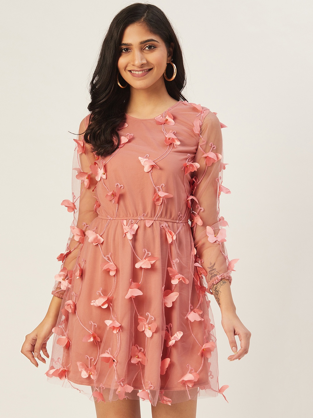 

DODO & MOA Women Peach-Coloured Self Design Layered A-Line Dress