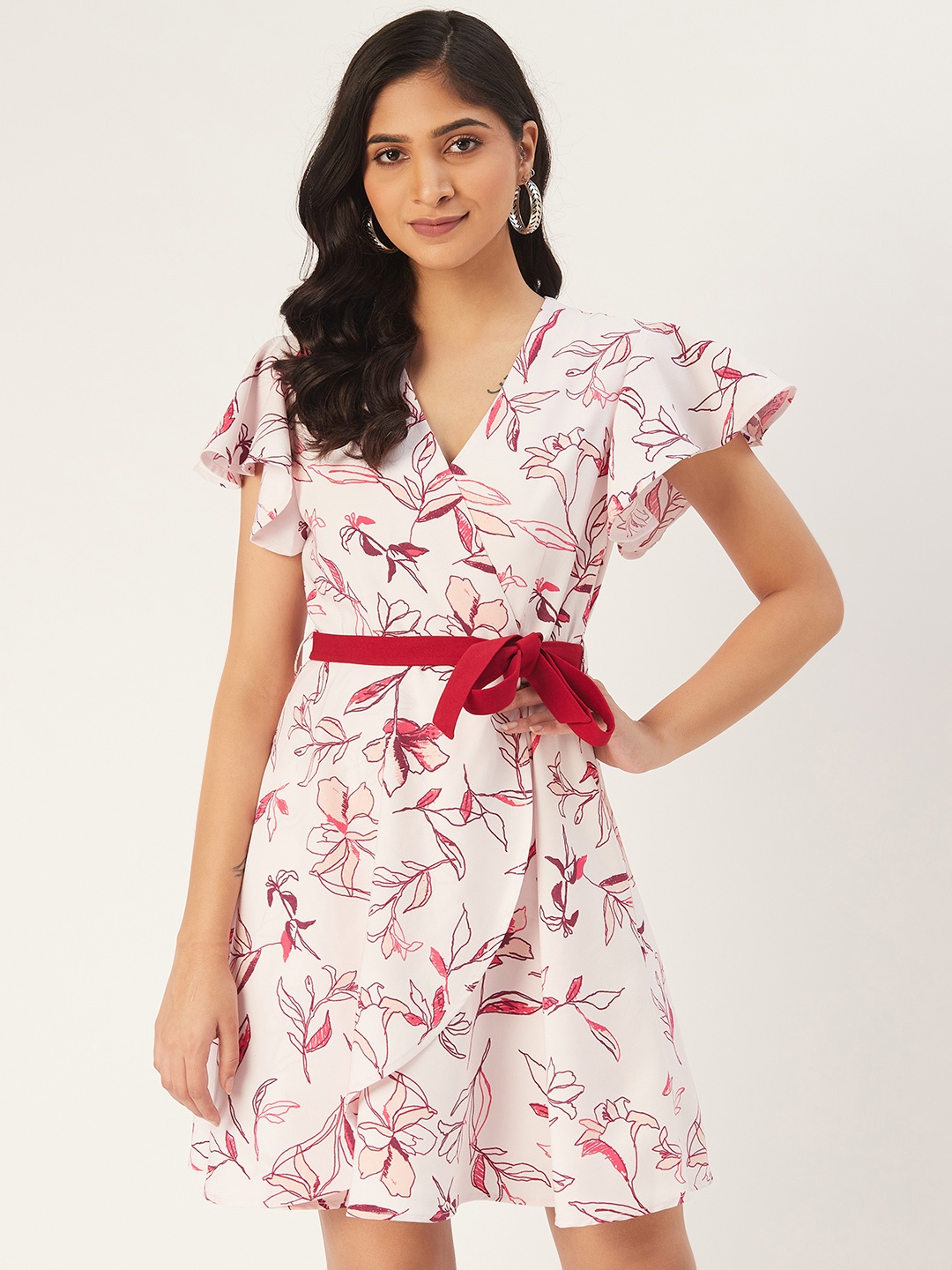 

DODO & MOA Women White & Red Floral Print Wrap Dress with Belt