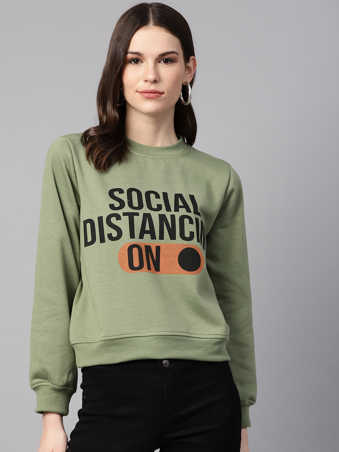 

plusS Women Olive Green & Black Typograpgy Print Sweatshirt