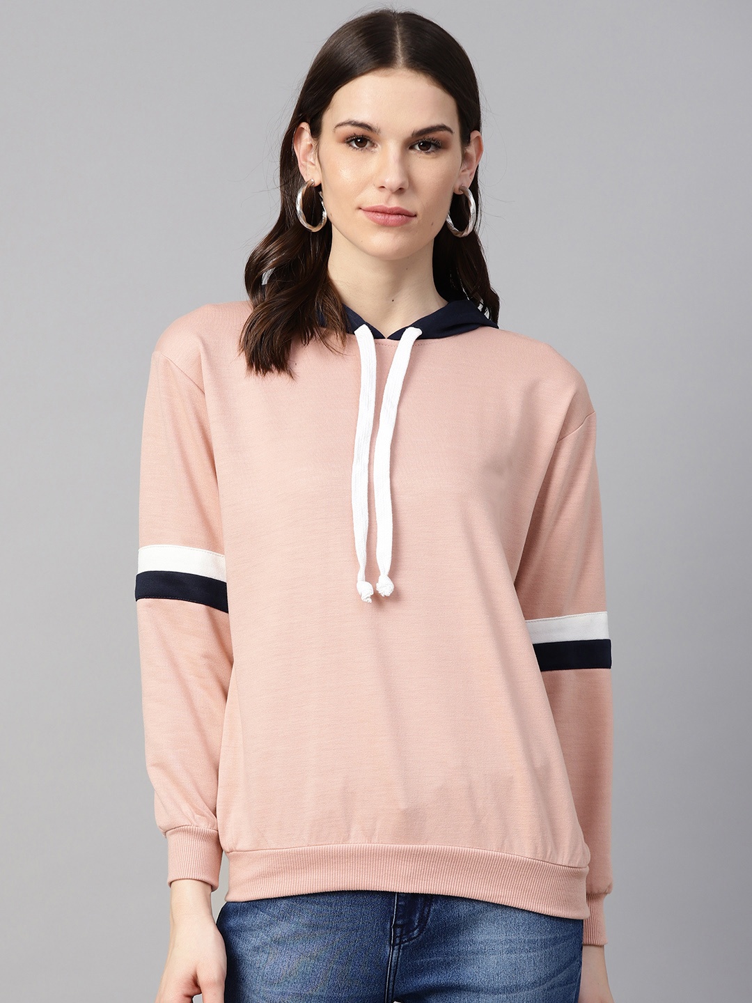 

plusS Women Peach-Coloured & Black Solid Hooded Sweatshirt