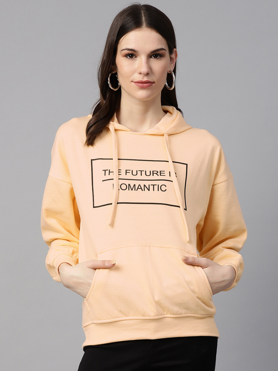 

plusS Women Peach-Coloured & Black Printed Hooded Sweatshirt