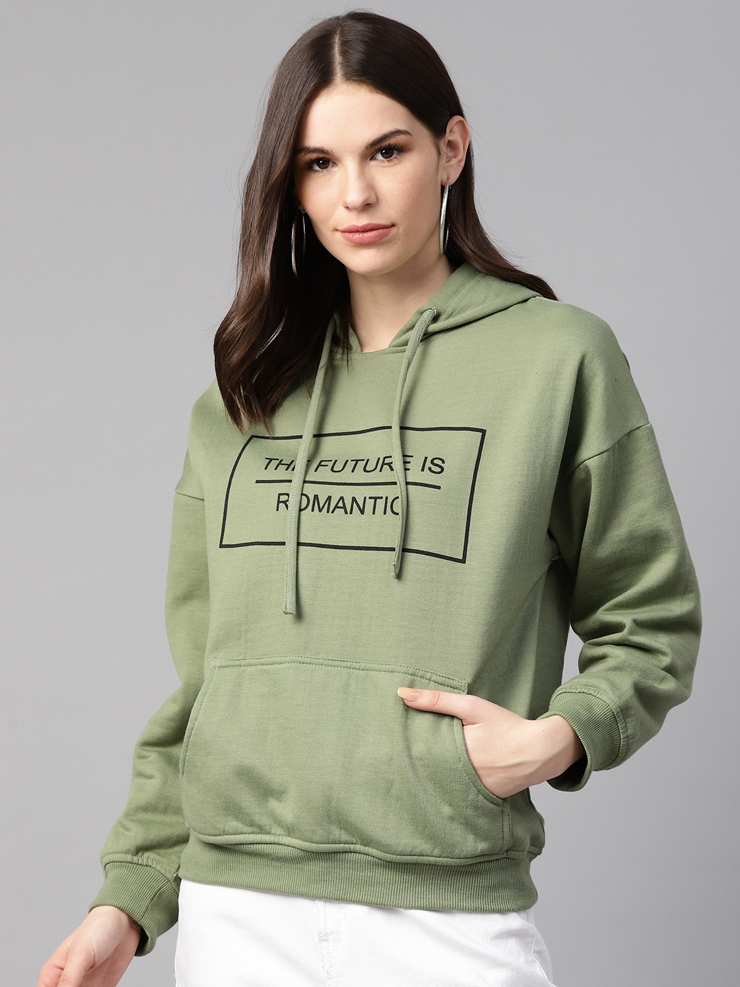 

plusS Women Green & Black Printed Hooded Sweatshirt