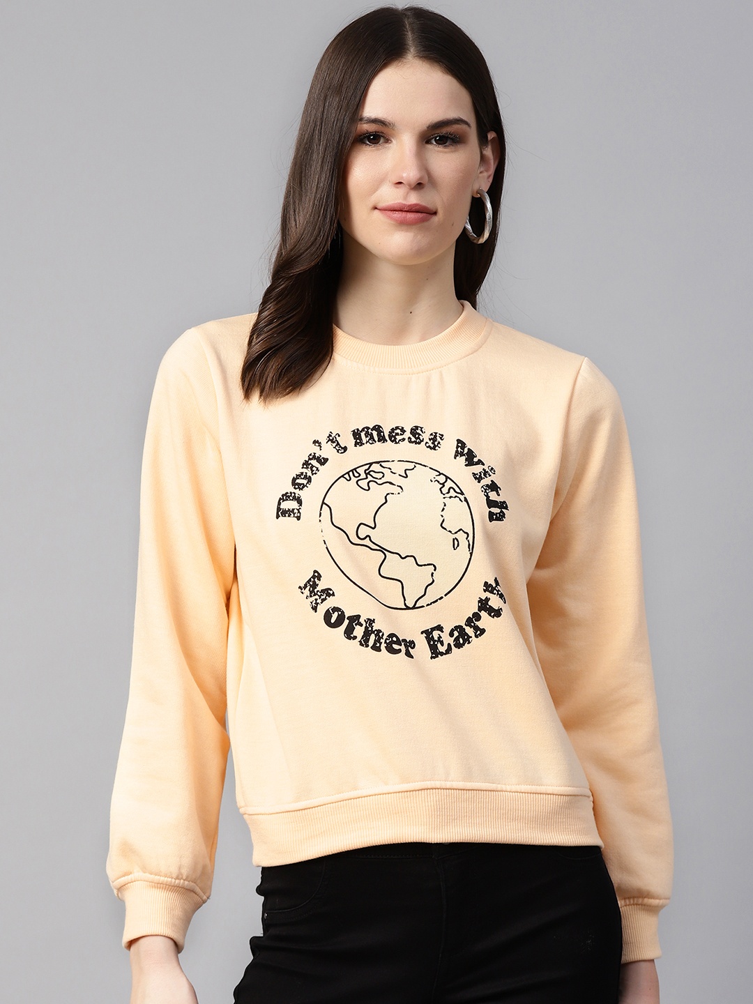 

plusS Women Peach-Coloured & Black Typography Print Sweatshirt