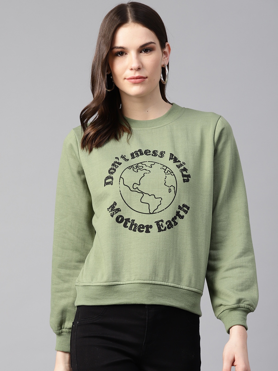 

plusS Women Peach-Coloured & Black Typography Print Sweatshirt, Olive