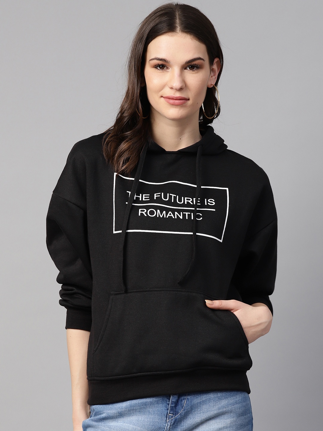 

plusS Women Black Typography Print Hooded Sweatshirt with Printed Detail
