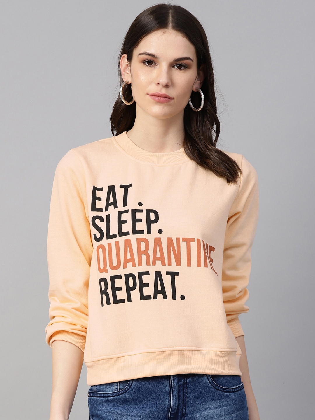 

plusS Women Peach-Coloured & Black Printed Sweatshirt