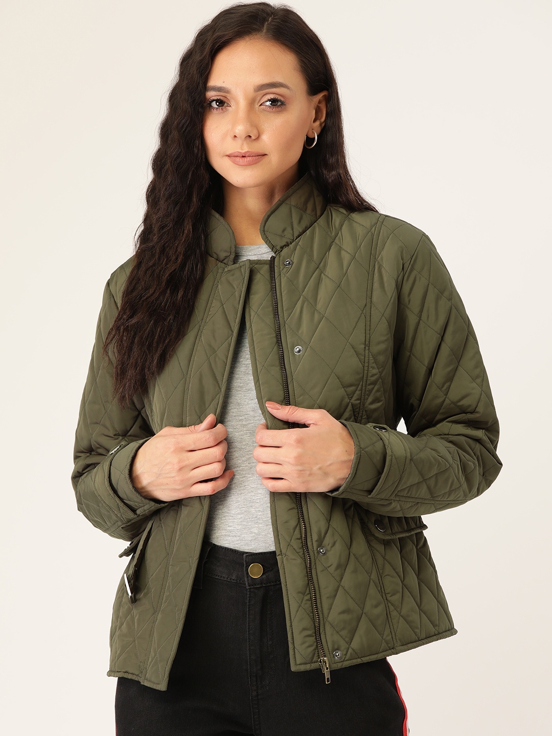 

20Dresses Women Olive Green Solid Quilted Jacket with Belt
