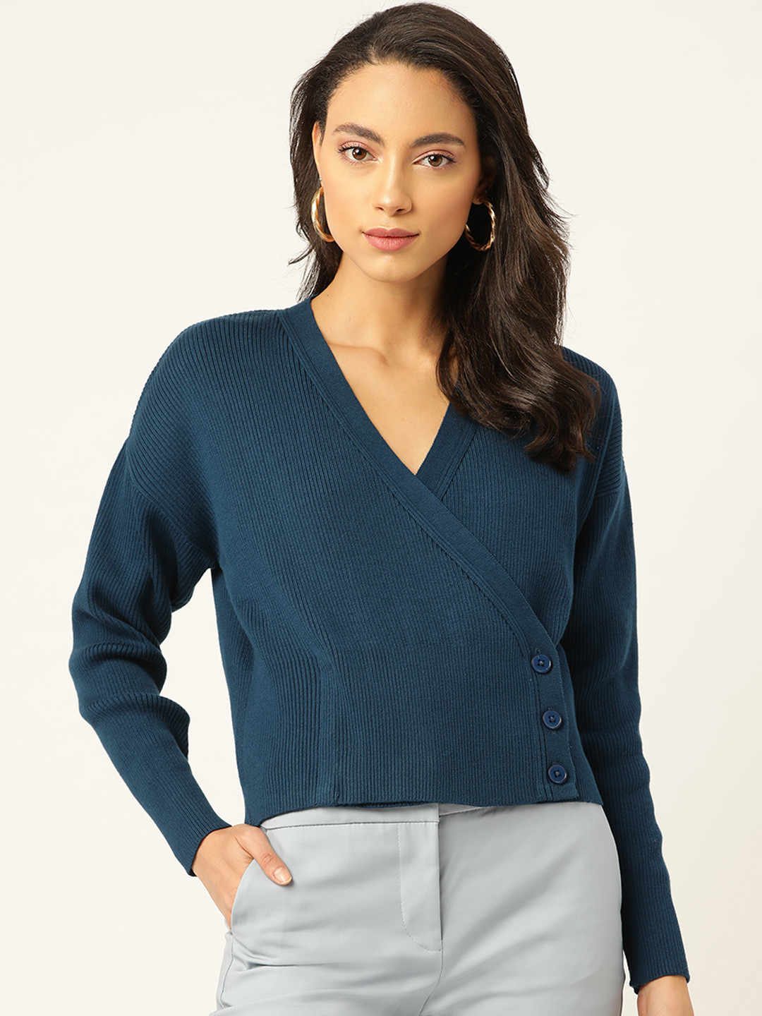 

20Dresses Women Teal Blue Ribbed Wrap Cardigan