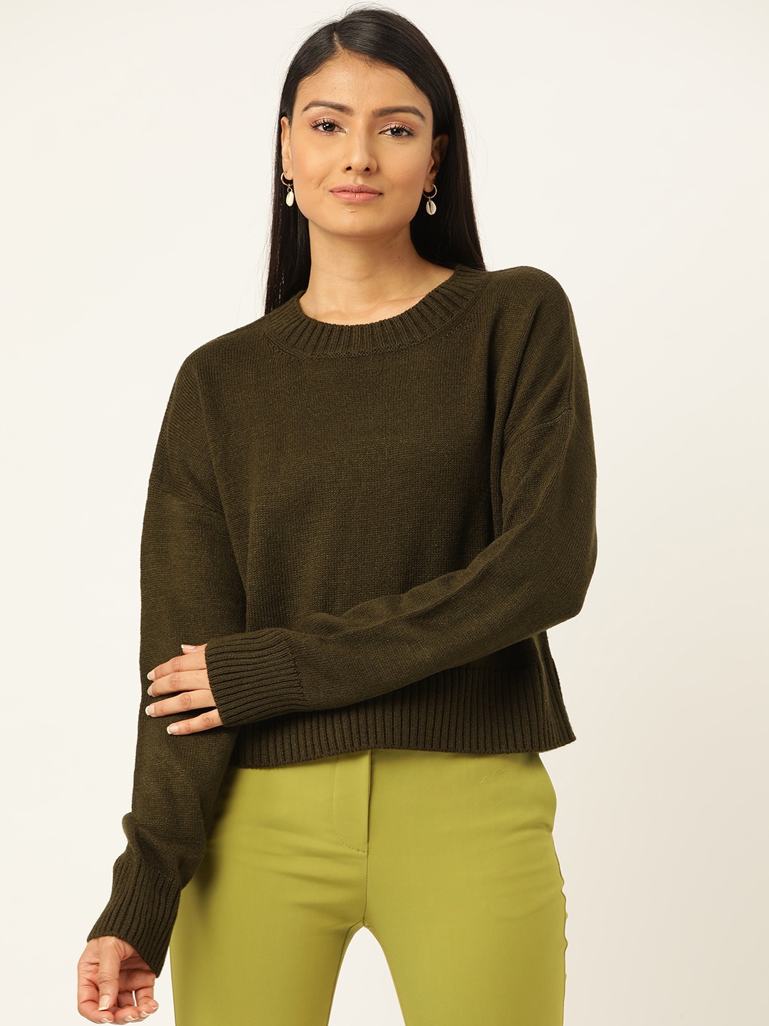 

20Dresses Women Olive Green Solid Pullover Sweater