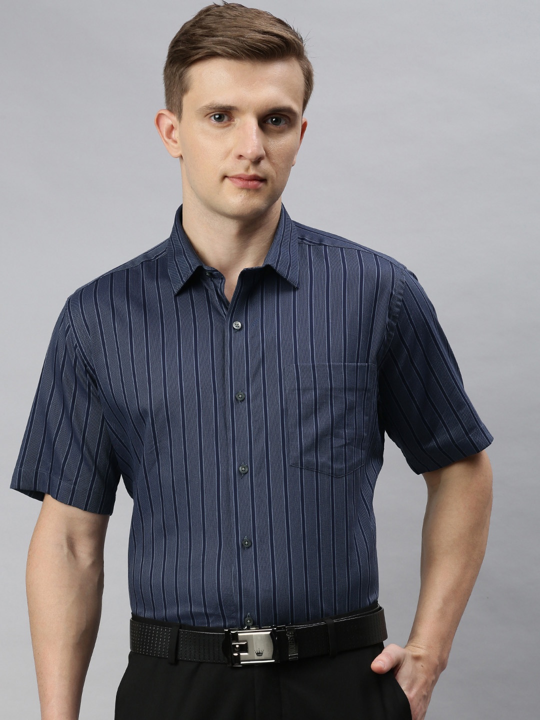 

Arrow Men Navy Blue Regular Fit Striped Semiformal Shirt
