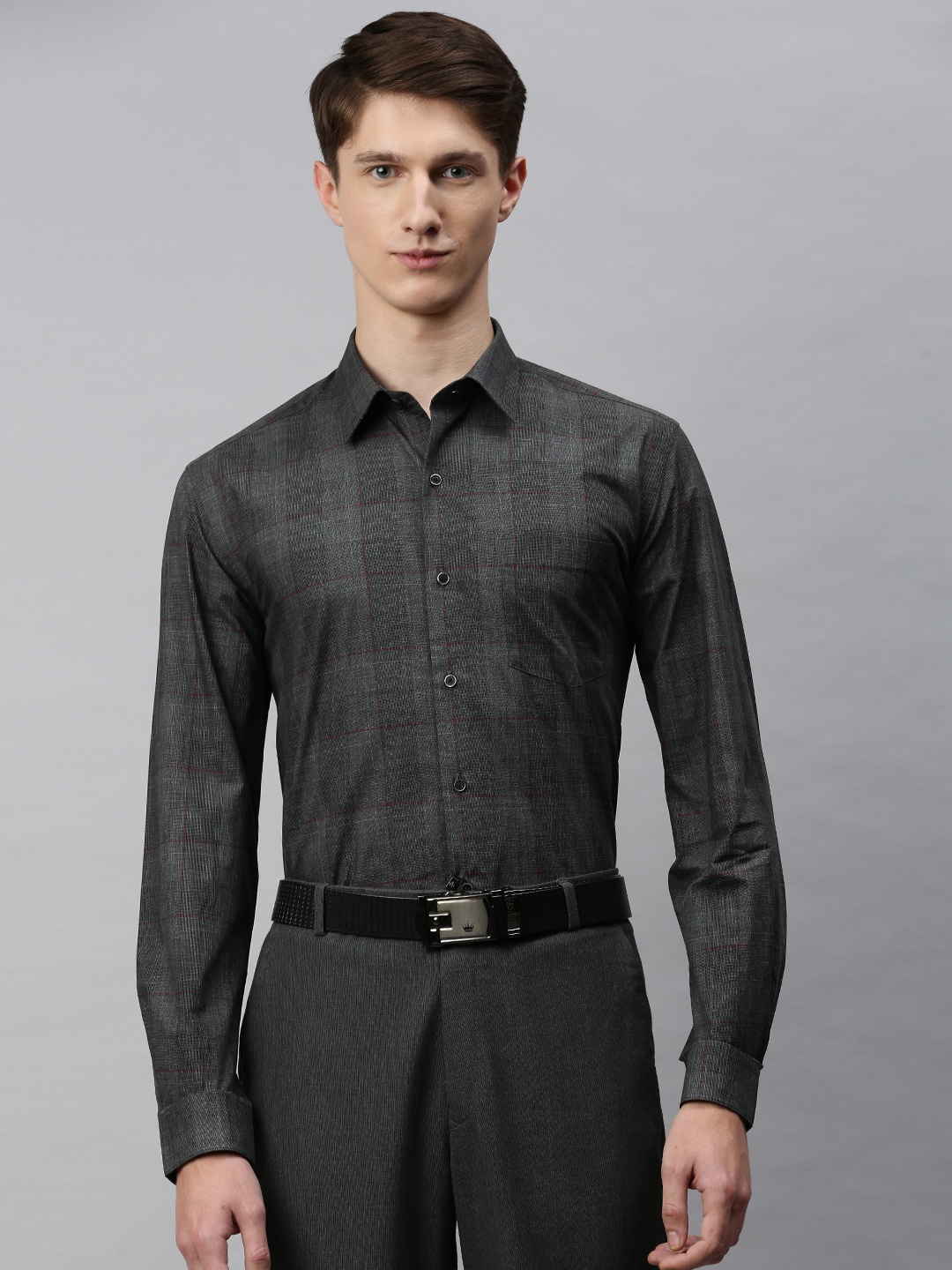 

Arrow New York Men Charcoal Grey & Red Slim Fit Checked Formal Shirt