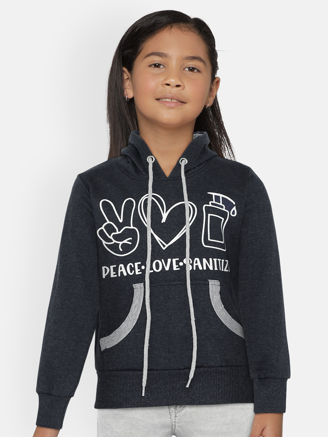 

SINI MINI Girls Navy Blue Printed Hooded Sweatshirt